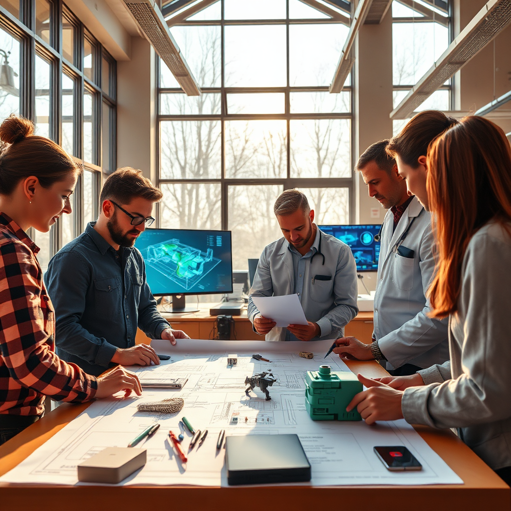 Imagine a visual depicting a team of engineers and data scientists brainstorming over blueprints and digital prototypes in a high-tech office. The setting should be illuminated by natural light through large windows, creating a warm and inviting atmosphere. On-screen displays can showcase simulations of innovative engineering processes. Use a color palette of earthy tones with pops of color to symbolize energy and inspiration. The angle should be dynamic, capturing various perspectives of the team's collaboration. The image should be photorealistic, reflecting a harmonious blend of digital and physical elements.