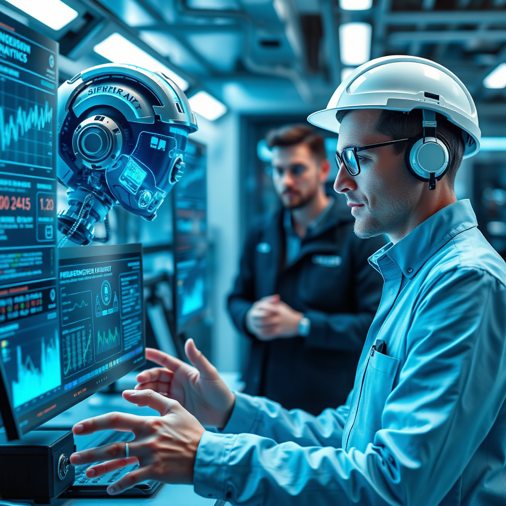 Imagine an engineer interacting with an AI interface that presents predictive analytics and suggestions for operational improvements. The setting should be futuristic, showcasing a high-tech workspace with sleek gadgets and screens displaying real-time data analytics. Use a cool color palette of blue and silver to convey technology. The composition can focus on the interaction between the engineer and the AI, with engaging expressions and dynamic gestures. This visual should encapsulate the synergy between humans and AI in a professional context.