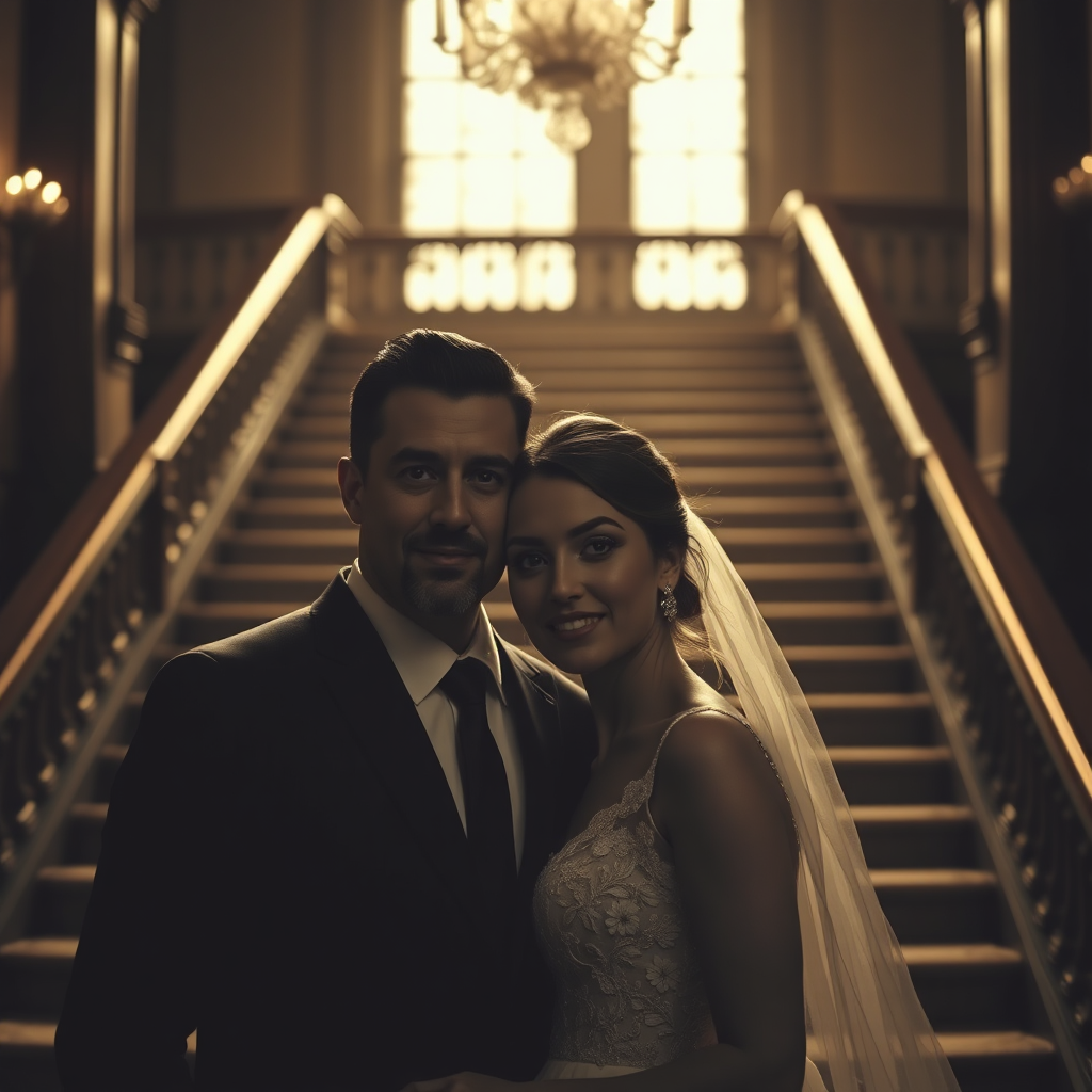 Couple on a grand staircase