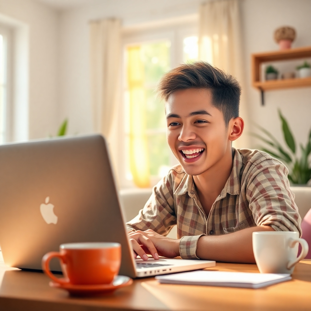 Show an enthusiastic user engaged in taking a quiz on their laptop, with a bright and cheerful room in the background. The light coming in from a window should illuminate the user's face, displaying joy and anticipation. Include fun elements like coffee cups or plants to make the space feel cozy and inviting. The close-up focus on the screen can also add an element of intrigue. This image should be photorealistic and vibrant.