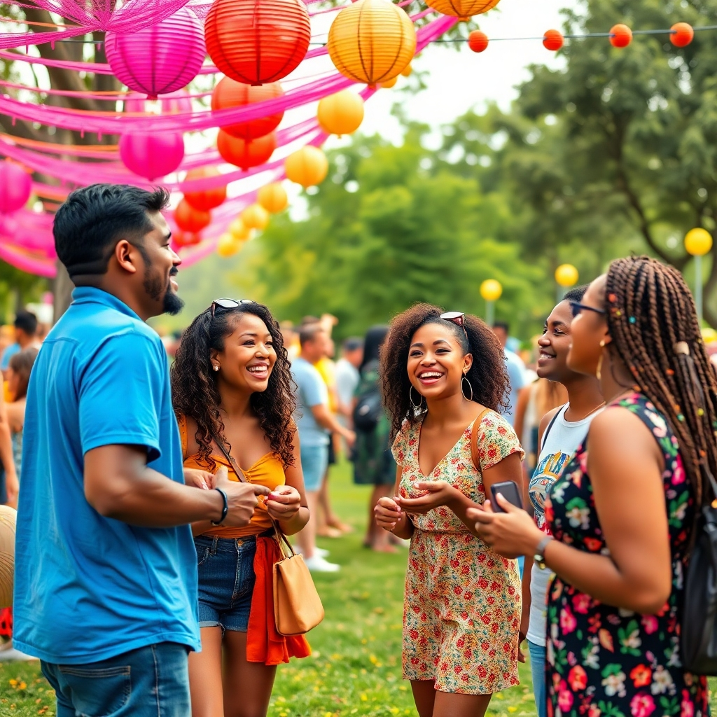 Visualize a community event at a park with diverse singles enjoying activities together, laughing and interacting. Capture vibrant decorations and a lively atmosphere filled with joy. Use bright colors and dynamic angles to showcase the excitement of meeting local matches in the context of community engagement. This image should be high-quality and photorealistic.