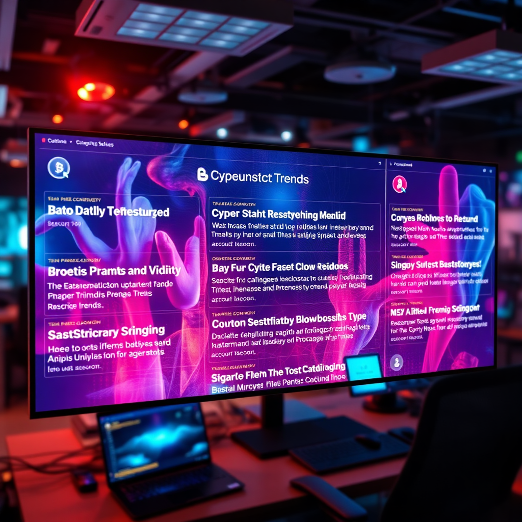 Visualize a digital screen displaying various blog post titles related to cryptocurrency trends. Each title should have accompanying icons or images to represent the topics visually. The setting should be an engaging workspace filled with vibrant colors and dynamic lighting to reflect the energy of the crypto world. Incorporate interactive elements like comments and shares around the posts. Employ an overhead camera angle to give an overview of the digital news space. The final image should depict a lively digital environment, crafted in 8K resolution.