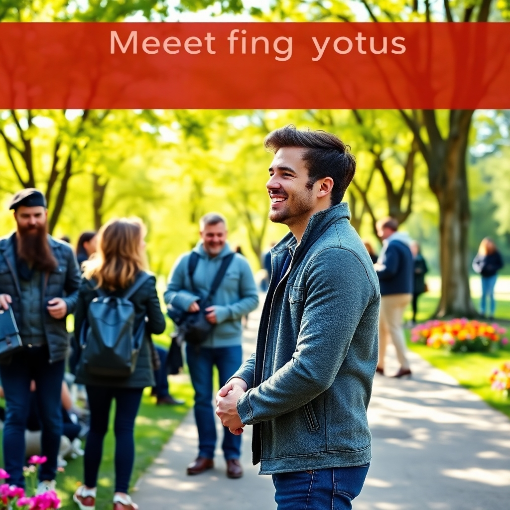 Visualize a joyful couple meeting for the first time at a picturesque outdoor park, surrounded by friends and natural beauty. Emphasize expressions of anticipation and happiness as they greet each other. The composition should include bright green trees and colorful flowers to enhance the romantic setting. This image should capture the essence of meeting your match, emphasizing photorealism and emotional depth.