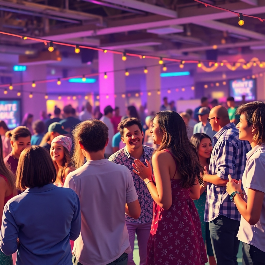 Visualize a lively community event with diverse singles engaging in various activities, such as dancing, talking, and sharing laughter. Capture the essence of joy and engagement with bright colors and energetic compositions. The lighting should be festive, capturing the vibrant spirit of connection in public spaces. A wide-angle view can encompass the lively atmosphere while highlighting facets of romance blossoming amidst friends and fun.