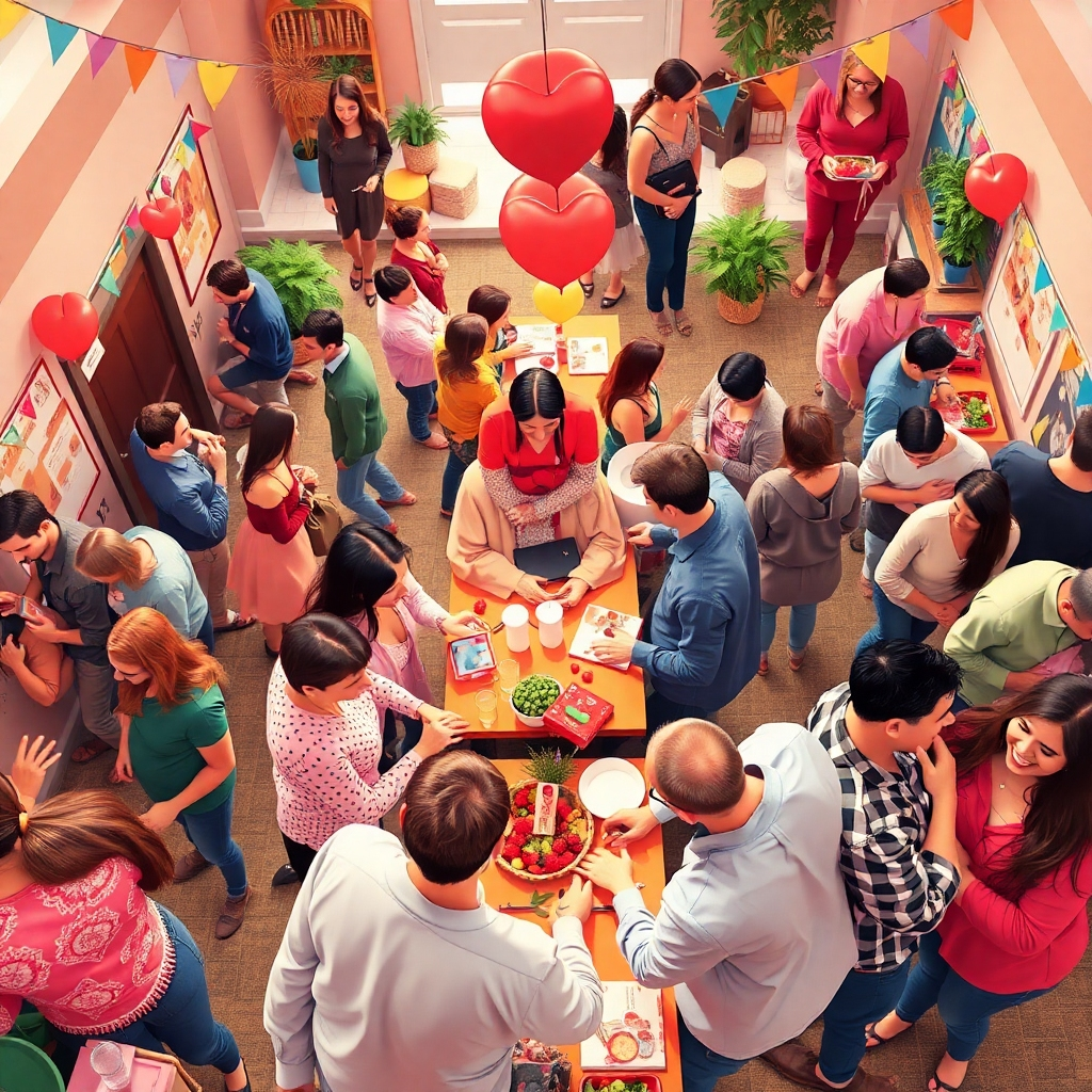 Visualize a local event filled with couples interacting and enjoying games and activities together. Capture laughter and joy amidst colorful decorations in a welcoming space. Use an overhead view to illustrate the community aspect and warmth of these gatherings. The scene should emit a feeling of love and togetherness, ensuring high fidelity while emphasizing that interactions can lead to romance.