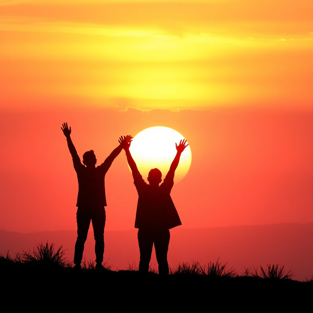 Visualize a powerful symbol of rising sun over a horizon representing financial freedom and empowerment. Silhouetted individuals can be seen with arms raised in celebration of their investment journey. The sky should be a blend of warm oranges and soft pinks, symbolizing hope and new beginnings. Bright rays should cast a glowing spotlight on the horizon, drawing attention to opportunities. Use landscape format for this expansive moment, creating an uplifting atmosphere. Render this in stunning 8K resolution with hyperrealistic quality.