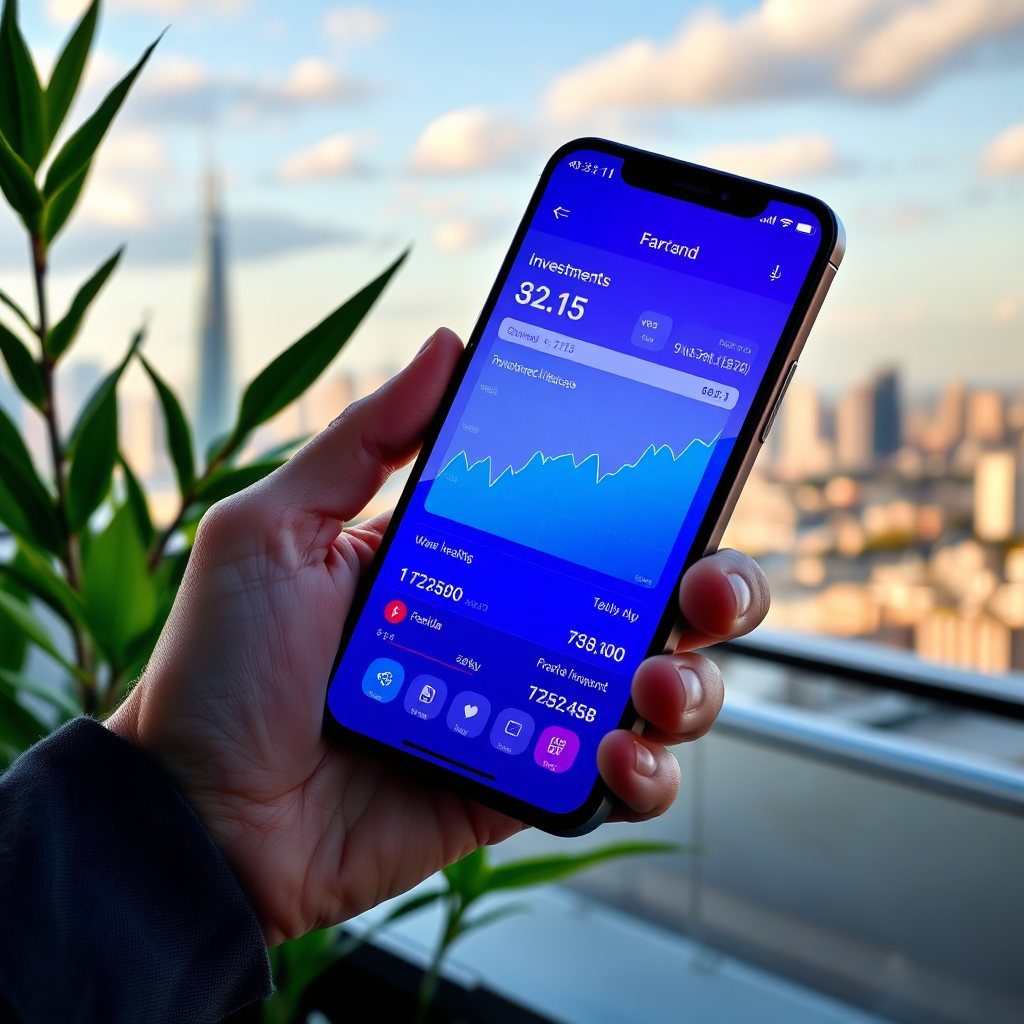 Visualize a smartphone displaying a high-tech investment tracking app with graphs, balances, and notifications visible. The phone is being held outdoors against a picturesque skyline. Gentle natural light enhances the vibrancy of the app interface. Surrounding elements can include green plants and a distant cityscape, symbolizing growth and progress in investment. Use a close-up shot to focus on the app's details, conveying clarity and usability. The final image should be hyperrealistic, presenting a modern entrepreneurial spirit, rendered in 8K resolution.