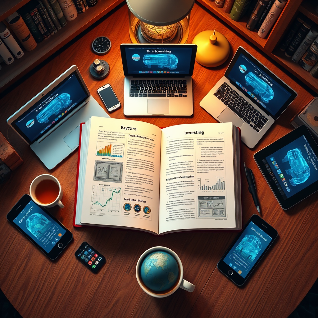 Visualize an open book surrounded by digital gadgets like laptops, tablets, and smartphones, all displaying crypto knowledge content. The scene is set in a cozy study with warm lighting, evoking a sense of learning and exploration. The pages of the book should feature illustrations and important concepts about crypto investing. Arrange related props like a cup of tea and a globe to enhance the inviting atmosphere. Use a top-down camera angle to draw focus on the learning aspect. Render this in 8K resolution for clarity and detail.
