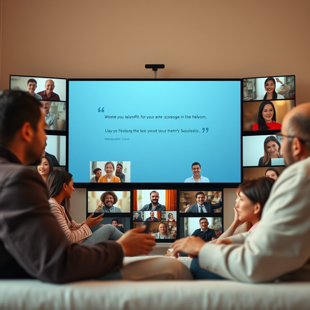 Visualize an open digital platform where users share their testimonials in real-time. Screenshots and video clips should be artistically arranged to populate the frame, creating a sense of community engagement. The background can feature soft colors to maintain warmth and openness. Focus on diverse individuals conveying their messages, portraying authenticity and connection. Use a smooth cinematic style to enhance storytelling. The final image should feel like a comfortable online community space and rendered in hyperrealistic 8K resolution.