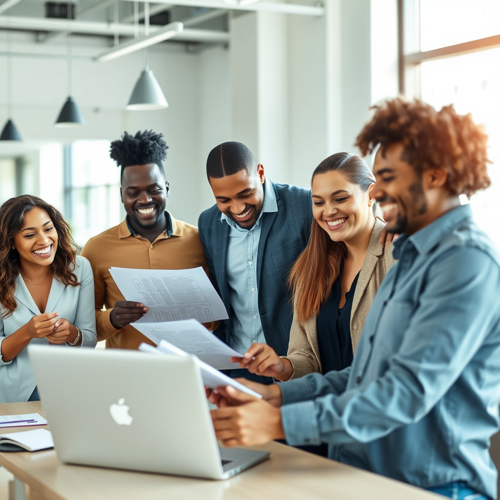 Diverse small business owners collaborating in a modern office