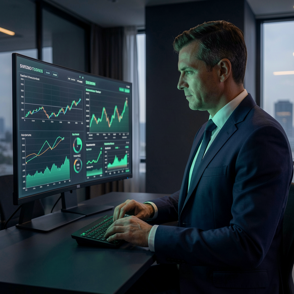 CFO in a high-end corporate office analyzing real-time financial dashboards