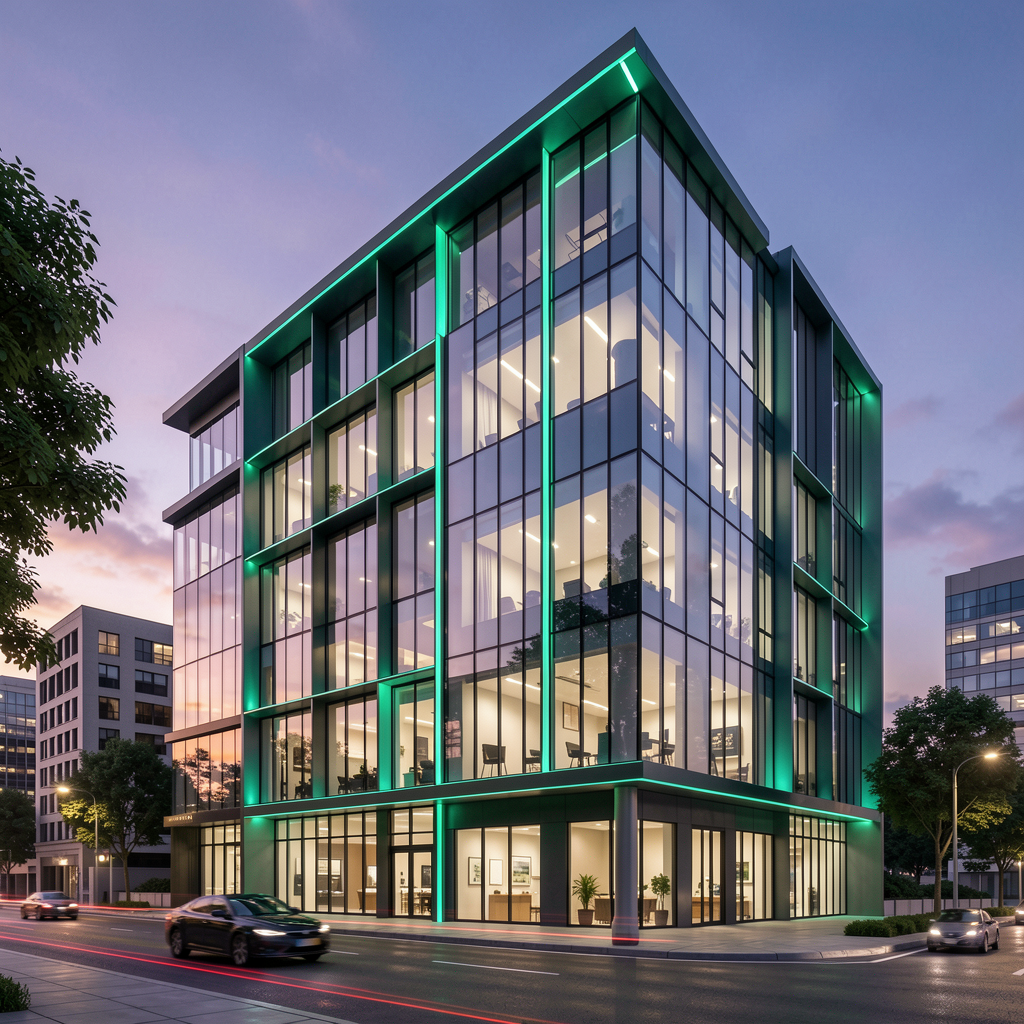 Sleek modern commercial building exterior at dusk