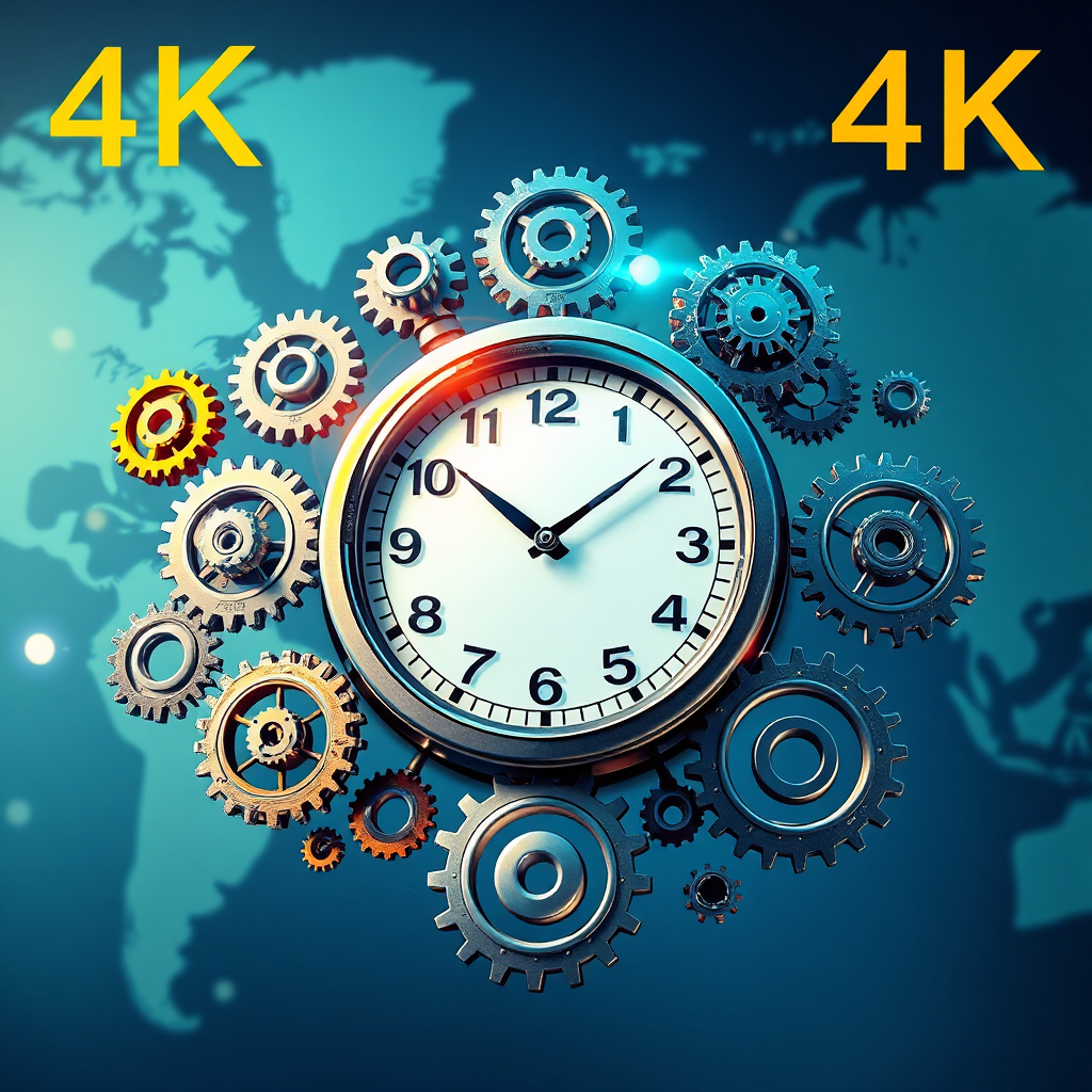 A 4K image depicting a world clock surrounded by interconnected gears, each representing a different automated task. The gears are spinning smoothly, and light flows between them, signifying constant activity. The background is a stylized world map, highlighting global reach and 24/7 availability. Color palette consists of blues, greens, and golds to emphasize reliability and efficiency. Camera angle is a close-up, focusing on the intricate details of the gears. Inspiration from classic timekeeping visuals and modern infographics.