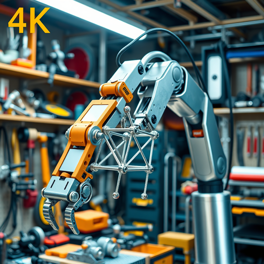 A 4K image of a customizable robot arm assembling a complex structure. The arm is sleek and futuristic, with adjustable components. The background is a workshop filled with various tools and components. The scene is brightly lit, showcasing the precision and adaptability of the system. Color palette consists of metallic silvers, blues, and oranges. Inspiration from industrial robotics and modular design.