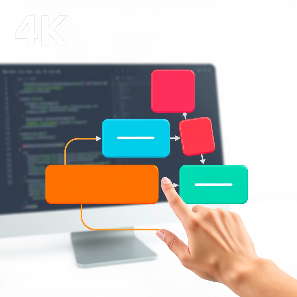 A 4K image showing a drag-and-drop interface with stylized blocks representing different automation steps. The blocks are brightly colored and connected by flowing lines, creating a visual representation of a workflow. A hand is shown dragging one of the blocks, emphasizing the ease of use. The background is a clean, modern desktop environment. Color palette consists of bright, contrasting colors to highlight the different elements. Inspiration from visual programming interfaces and UX design.
