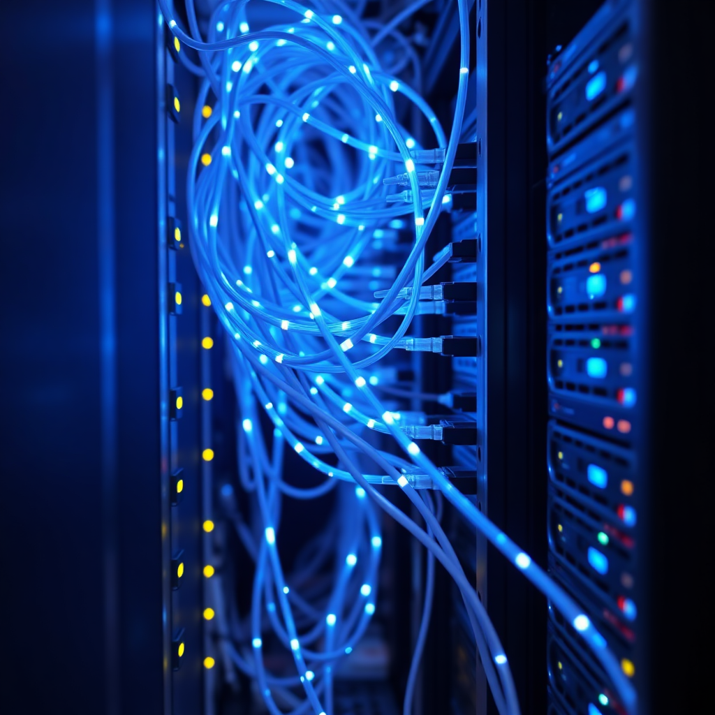 A 4K image showing a server rack with glowing cables connecting to various devices and systems. The connections are seamless and secure, indicating smooth integration. Blue and white light to emphasize connectivity. Modern data center setting.