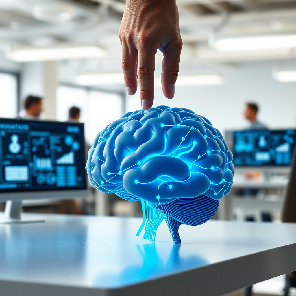 A 4K photorealistic image of a stylized brain composed of interconnected circuits and data streams. The brain is subtly glowing with a soft blue light, resting on a modern, minimalist desk in a brightly lit office. The background is blurred, showing hints of people working collaboratively. Several screens display simplified data visualizations and flowcharts, highlighting the concept of automated processes. A hand gently hovers over the brain, suggesting control and ease of use. The color palette is primarily blue, white, and gray, conveying intelligence, clarity, and innovation. The overall image should evoke a sense of intelligent automation and effortless control. Inspired by modern tech company visuals and brain-computer interface concepts.