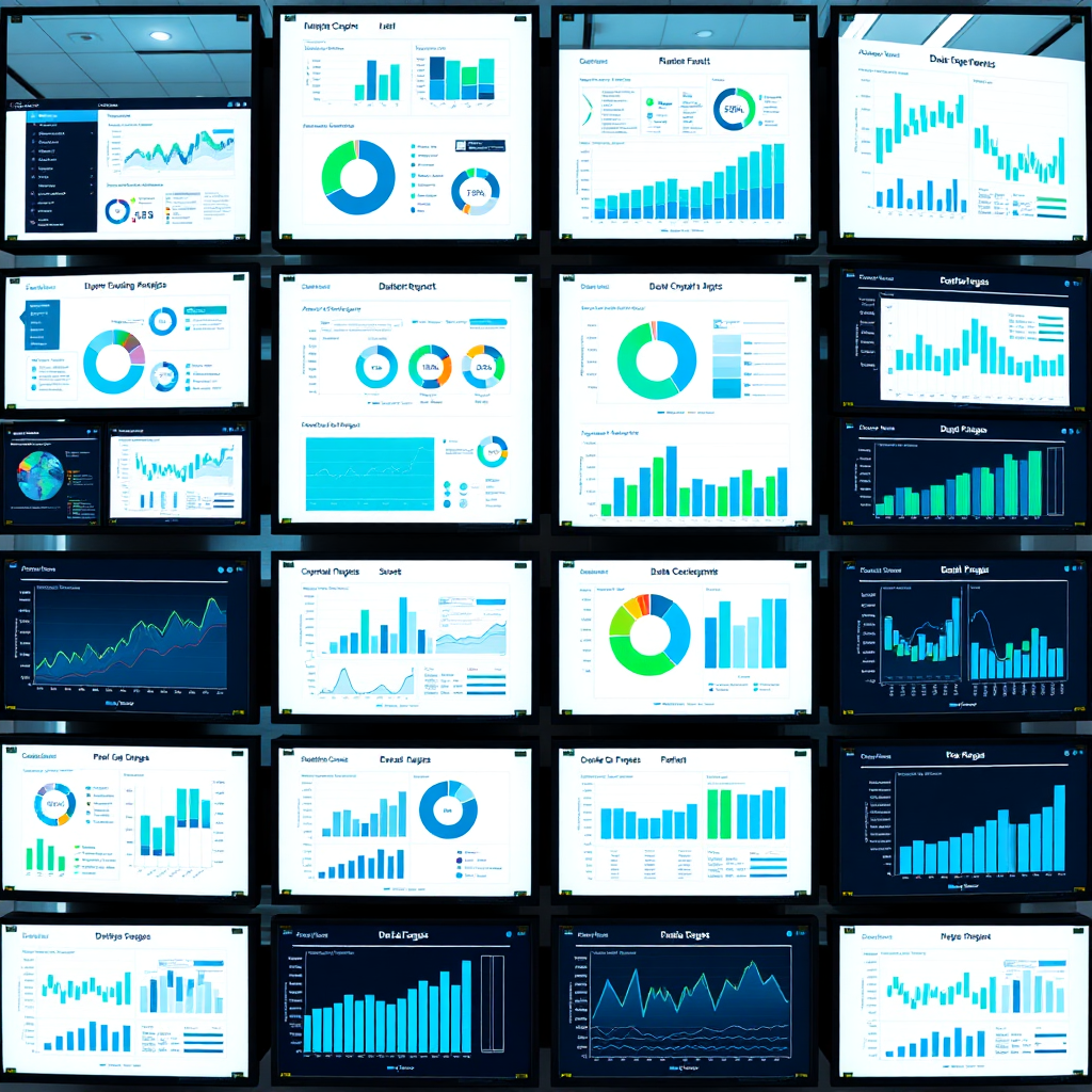 A collage of different output formats including reports, dashboards, charts, and graphs. The images are displayed on a series of screens arranged in a visually appealing layout. The screens are brightly lit, and the data is clear and easy to read. The background is a clean, modern office environment. Color palette consists of blues, greens, and whites. Inspiration from data analytics dashboards and presentation design.