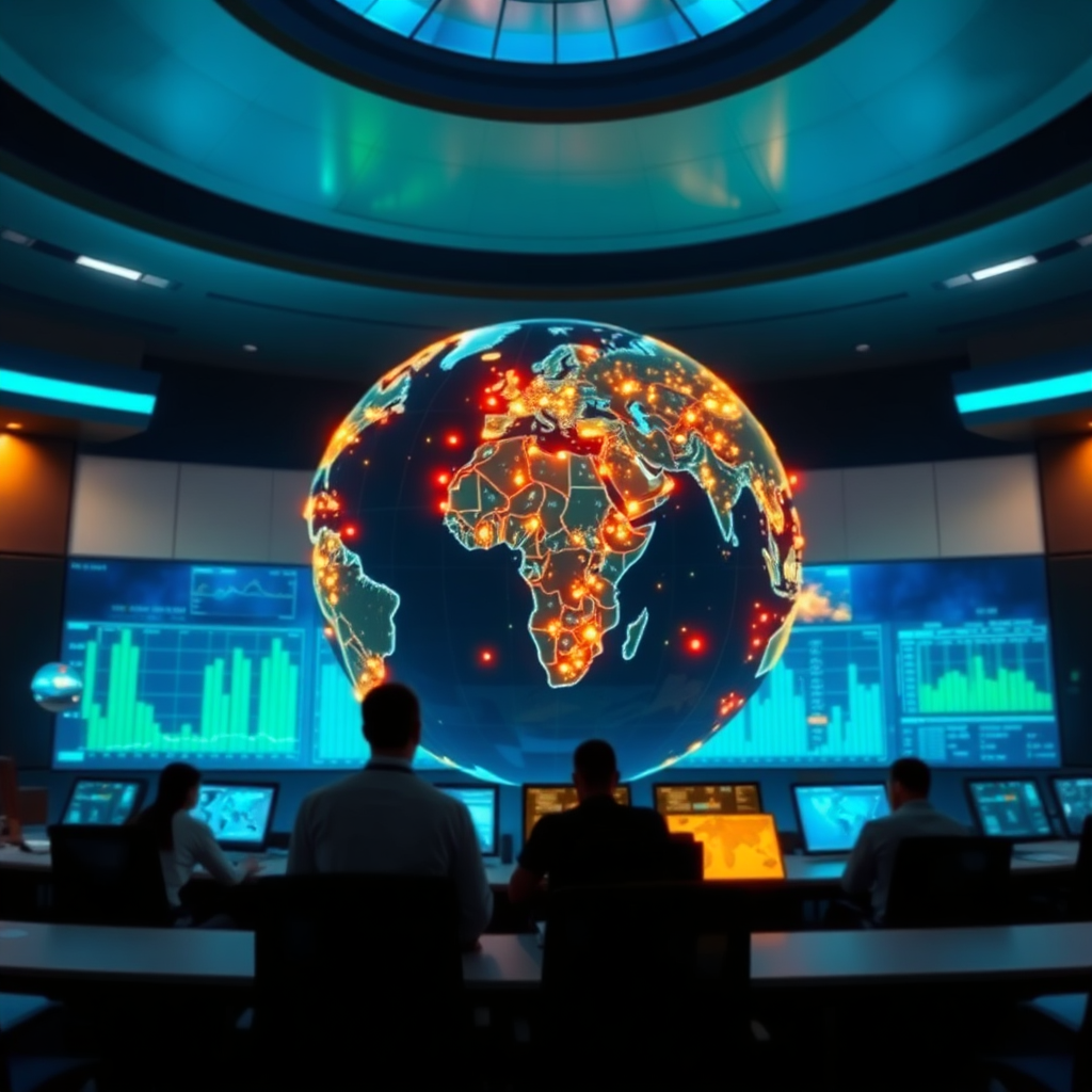 A high-quality image depicting a globe with glowing data points highlighting real-time activity across the world. The globe is displayed on a large screen in a modern control room. People are shown monitoring the screen, analyzing the data. The scene is brightly lit and conveys a sense of urgency and importance. Color palette consists of blues, greens, and oranges. Inspiration from mission control centers and global data visualizations.