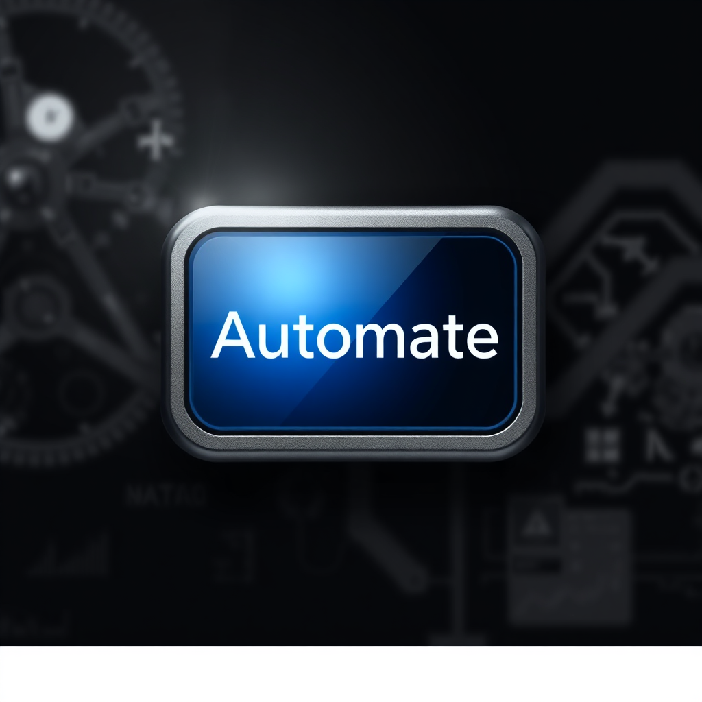 A high-quality image of a single, illuminated button labeled 'Automate'. The button is set against a dark background, with subtle light rays emanating from it. The surrounding area shows blurred images of complex machinery and data streams, symbolizing the simplification process. The focus is sharp on the button, emphasizing ease of use and control. Color scheme is black and white with a pop of color on the button (e.g., blue or green). Inspiration from minimalist design and user interface elements.