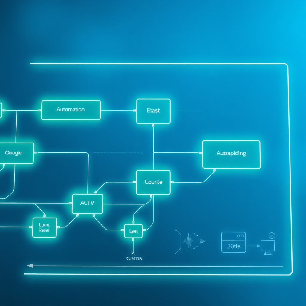 A photorealistic image showing a blueprint-style layout of a custom automation flow. Highlighted areas show interconnected nodes with flowing lines, demonstrating customized connections. Soft blue and green light to emphasize efficiency. 4K resolution.