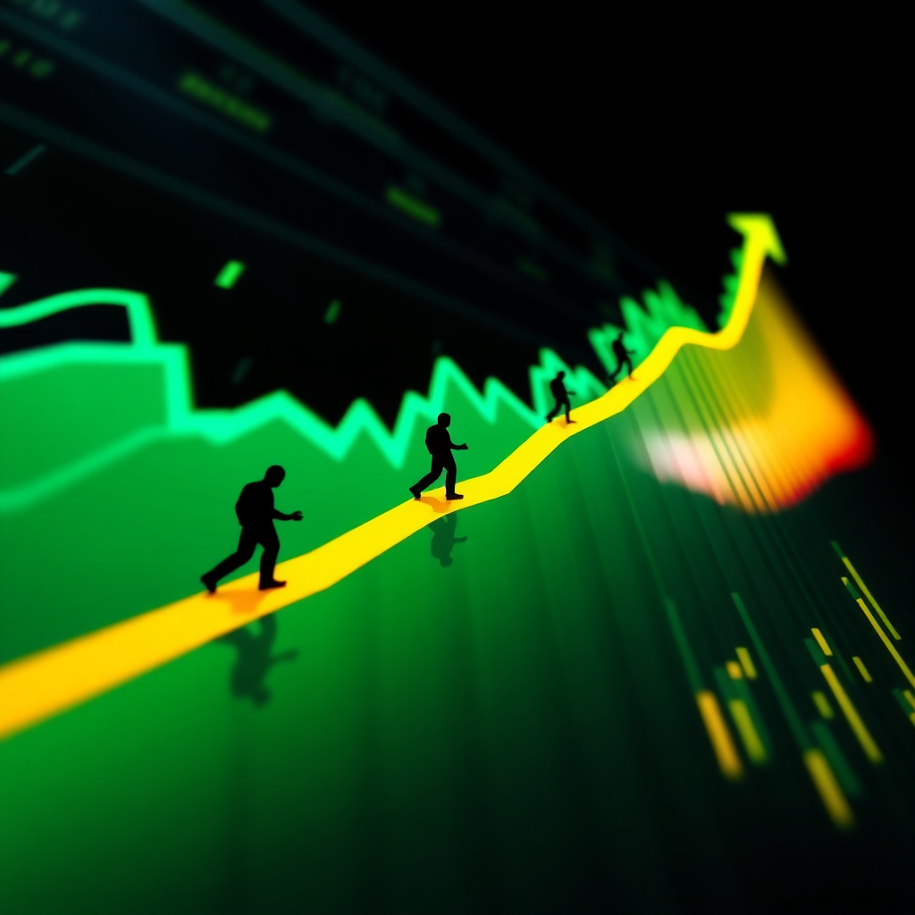 An image showcasing a stylized graph representing exponential growth, with data points rapidly increasing over time. The graph is brightly colored and set against a dark background. Small icons representing people are shown scaling the graph, symbolizing increased productivity. The camera angle is a low, upward view, emphasizing the scale of the growth. Color palette consists of greens, blues, and yellows. Inspiration from business infographics and stock market visualizations.