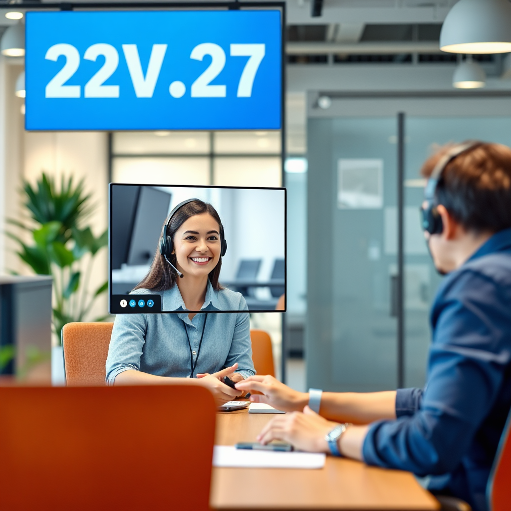 An image showing a friendly support agent assisting a client remotely via video call, in a modern office environment with 24/7 signage. Emphasis on communication and problem-solving. Warm and inviting color palette. 4K resolution.