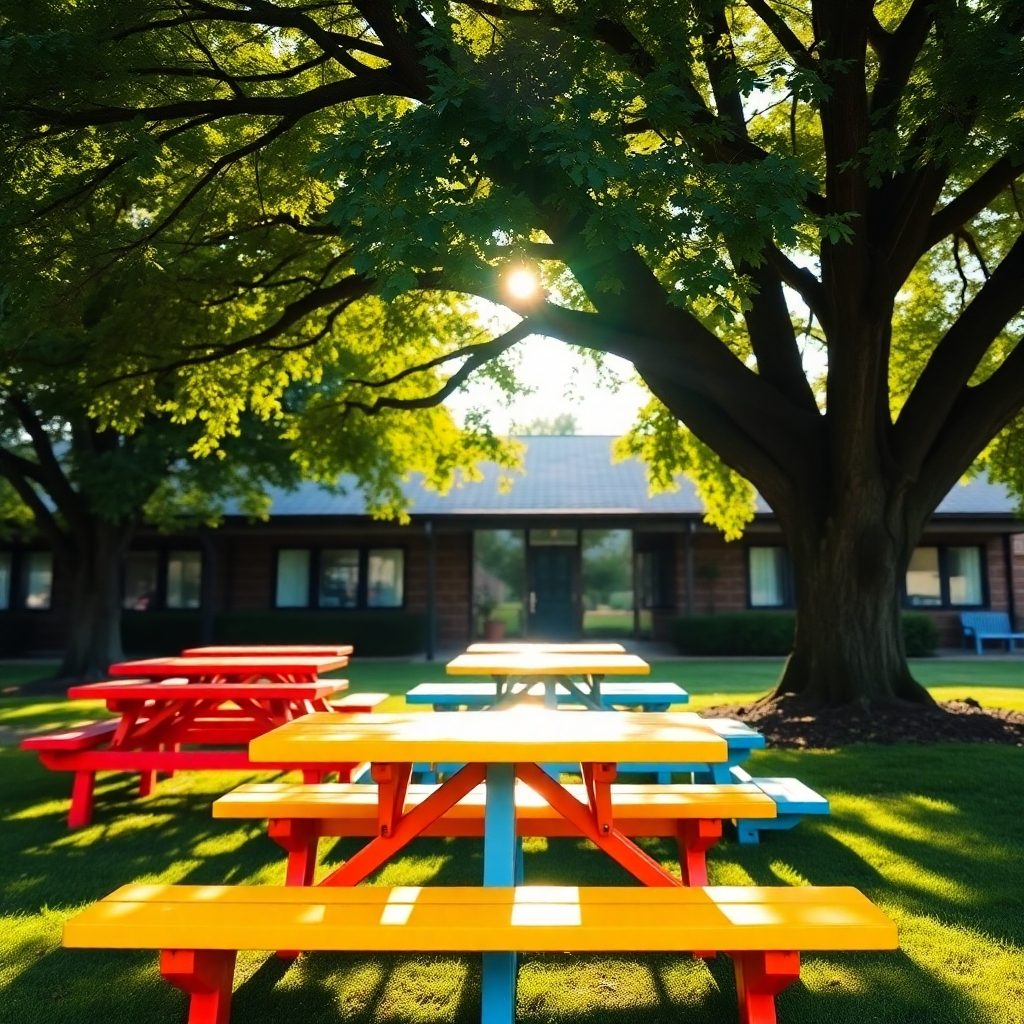 A 4K image showing empty, brightly colored picnic tables under the shade of a large tree. Sunlight streams through the leaves. The background is blurred, hinting at the Mullins Short-Stop building.