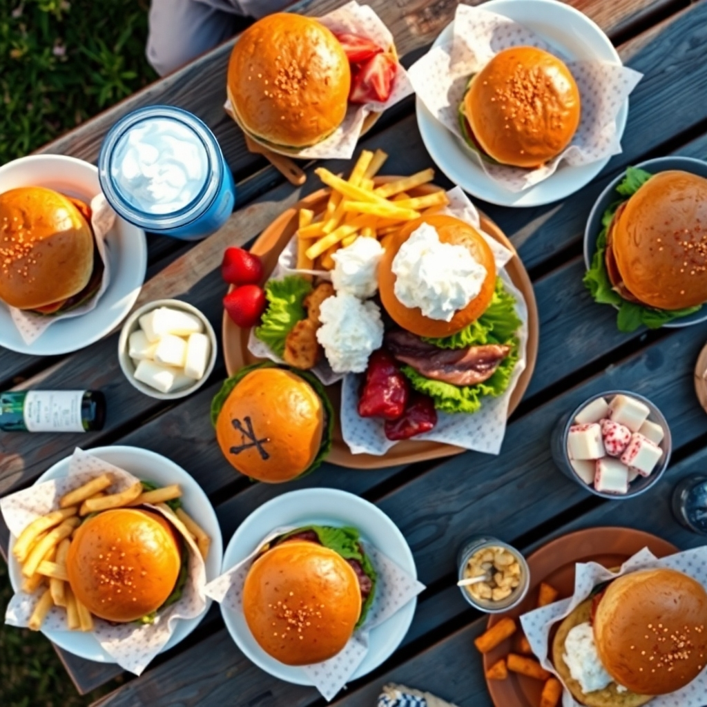 A 4K overhead shot of a picnic table laden with burgers, ice cream, and other treats. The scene is colorful and inviting.