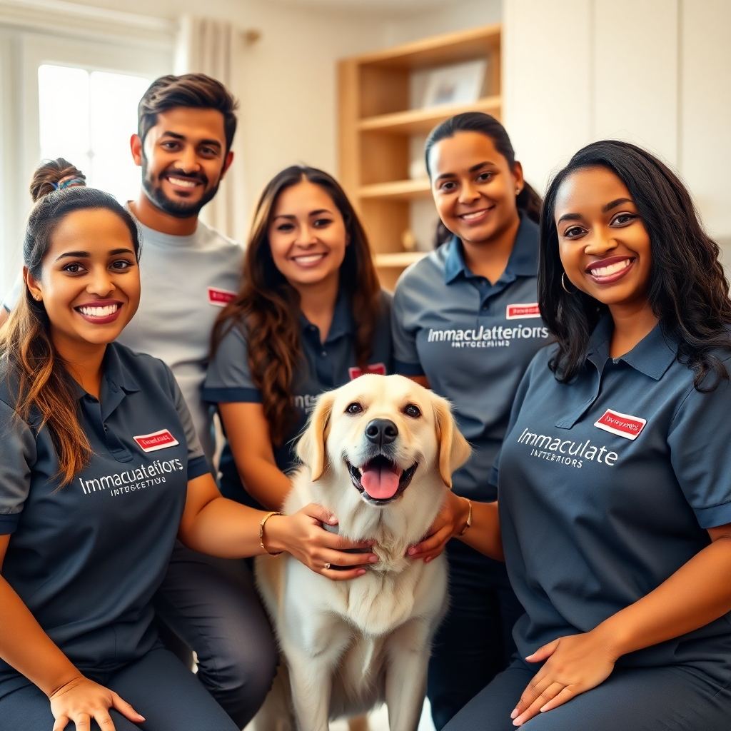 A 4K, photorealistic image showcasing a diverse team of Immaculate Interiors cleaning professionals. They are smiling and wearing branded uniforms, interacting positively with a friendly dog in a bright, modern home. The background should be slightly blurred to keep the focus on the team and the pet. Composition: A wide shot capturing the entire team and the dog in a comfortable setting. Lighting: Warm and inviting, suggesting trust and reliability. Camera angle: Eye-level to create a sense of connection. Style: Professional yet approachable, conveying a sense of family and care. The scene should emphasize the team's commitment to providing exceptional service and their positive impact on homeowners' lives.