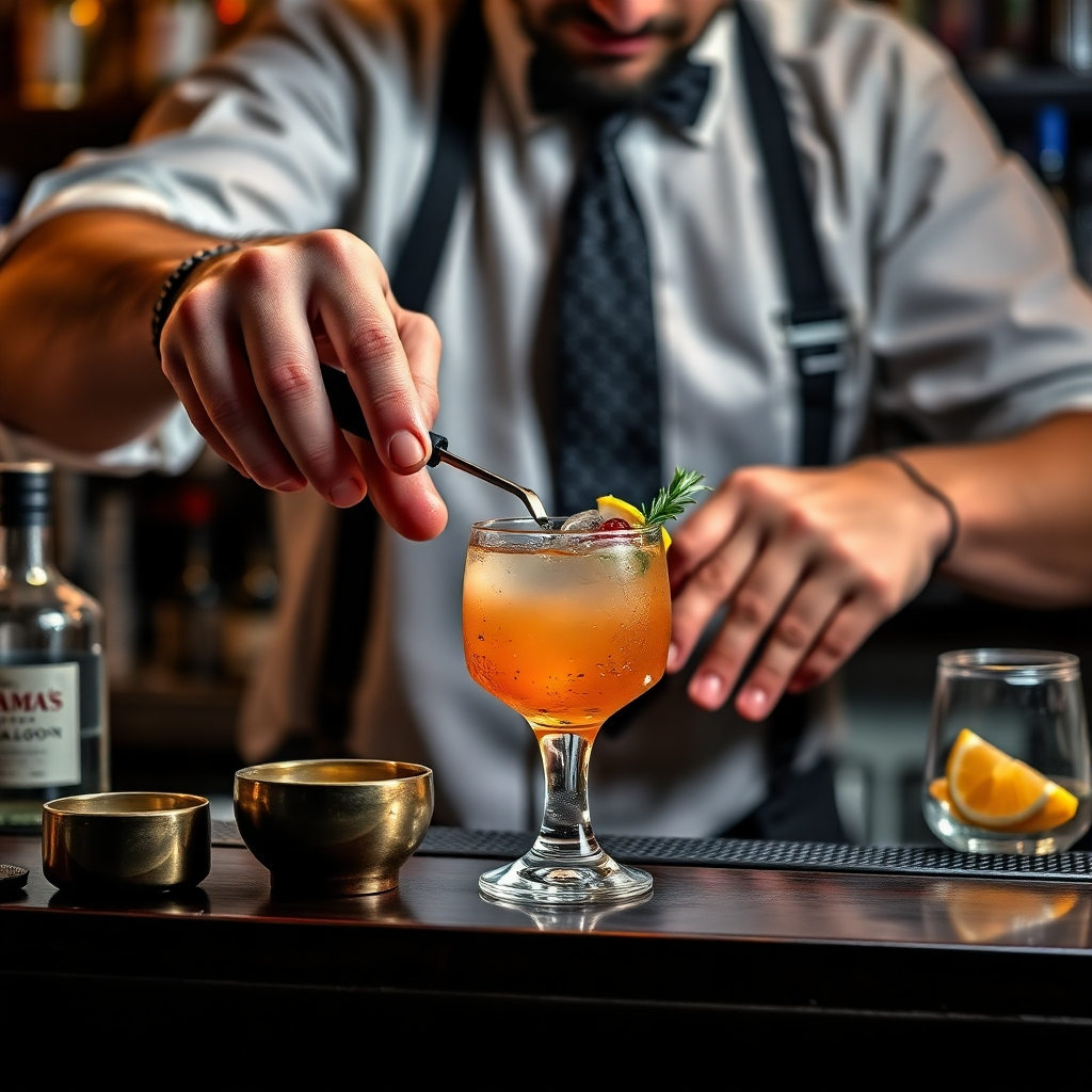 A bartender expertly crafting a signature cocktail at Mama's Saloon. The bartender is using a variety of tools and ingredients, including fresh fruit, herbs, and liquors. Focus on capturing the movement and precision of the bartender's hands. Use dramatic lighting to highlight the cocktail. Photorealistic, 4k resolution.