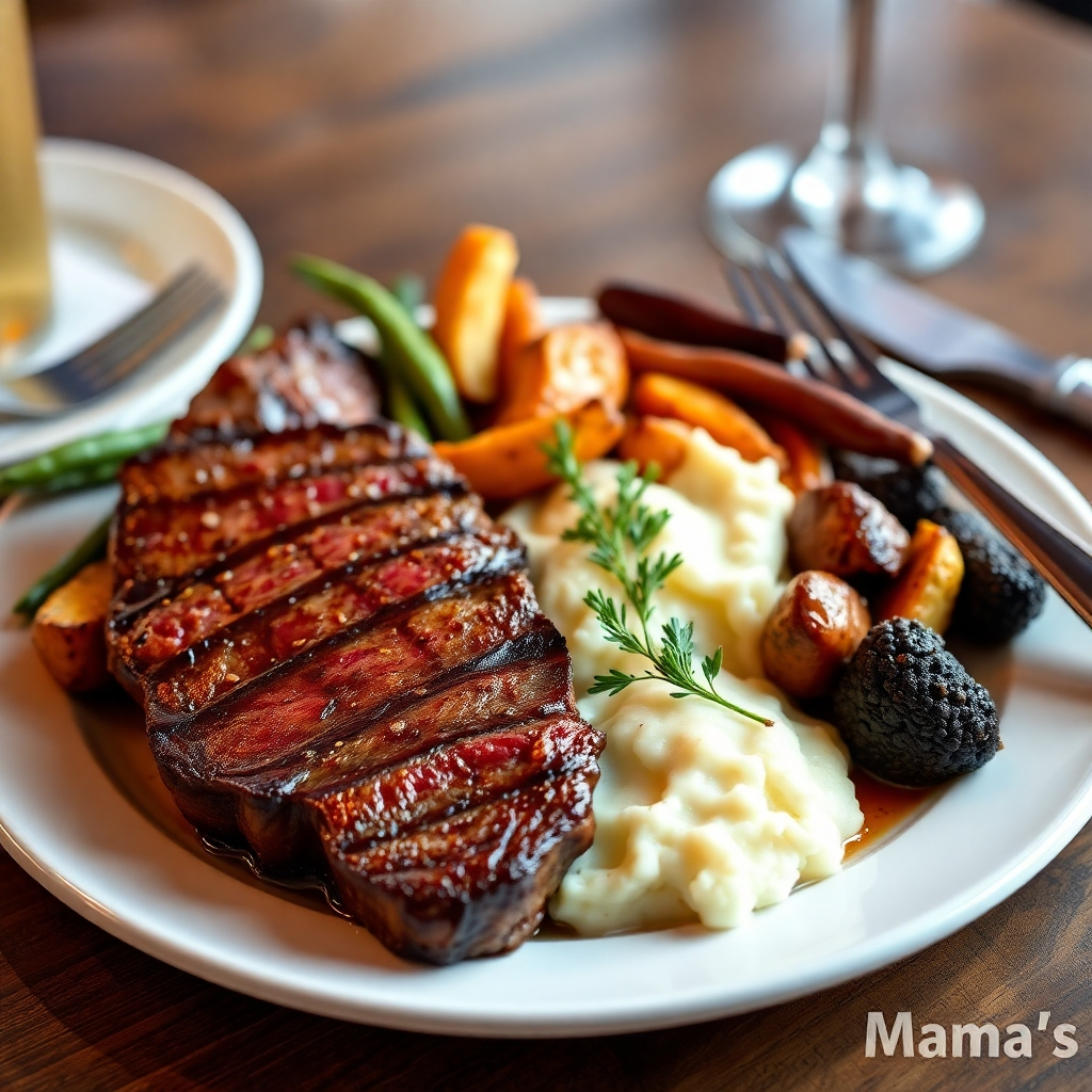 A beautifully plated steak dinner at Mama's Saloon. The steak is cooked to perfection and served with roasted vegetables and mashed potatoes. Focus on the quality of the ingredients and the presentation of the dish. Photorealistic, 4k resolution.