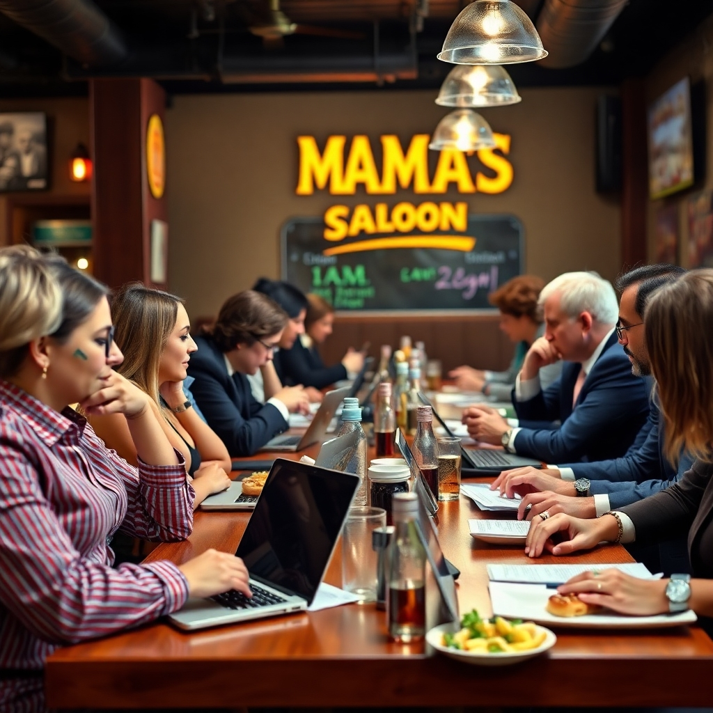 A busy weekday lunch scene at Mama's Saloon. Business professionals are enjoying lunch together, with laptops and papers on the table. Capture the energy and efficiency of a weekday lunch. Photorealistic, 4k resolution.