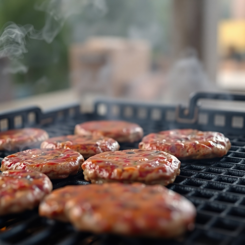 A close-up, 4K photorealistic image of a grill with several burgers cooking. Smoke rises and the color palette is dominated by reds and browns. The background is slightly blurred, emphasizing the cooking process.