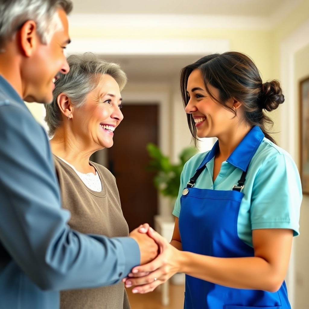 A close-up image of a smiling homeowner shaking hands with an Immaculate Interiors cleaning professional. Both are looking at each other with a sense of satisfaction. Style: Warm and inviting, emphasizing the positive relationship between the cleaner and the client. Camera angle: Eye-level, creating a sense of connection and trust.