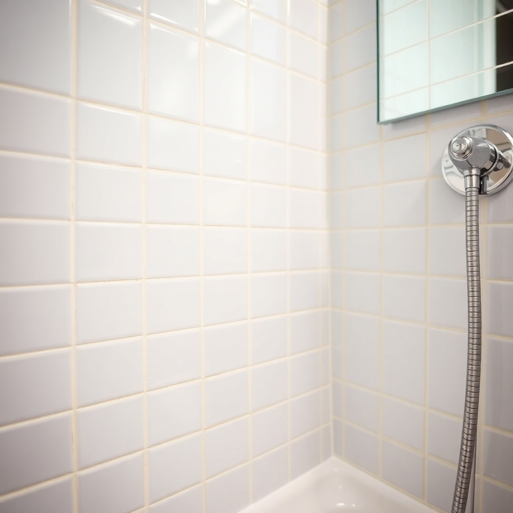 A close-up image of a sparkling clean bathroom with gleaming tiles and fixtures. The scene emphasizes the meticulous attention to detail and the removal of grime. Style: Clean and pristine, highlighting the effectiveness of the deep cleaning process. Camera angle: Close-up, focusing on the details of the bathroom surfaces.