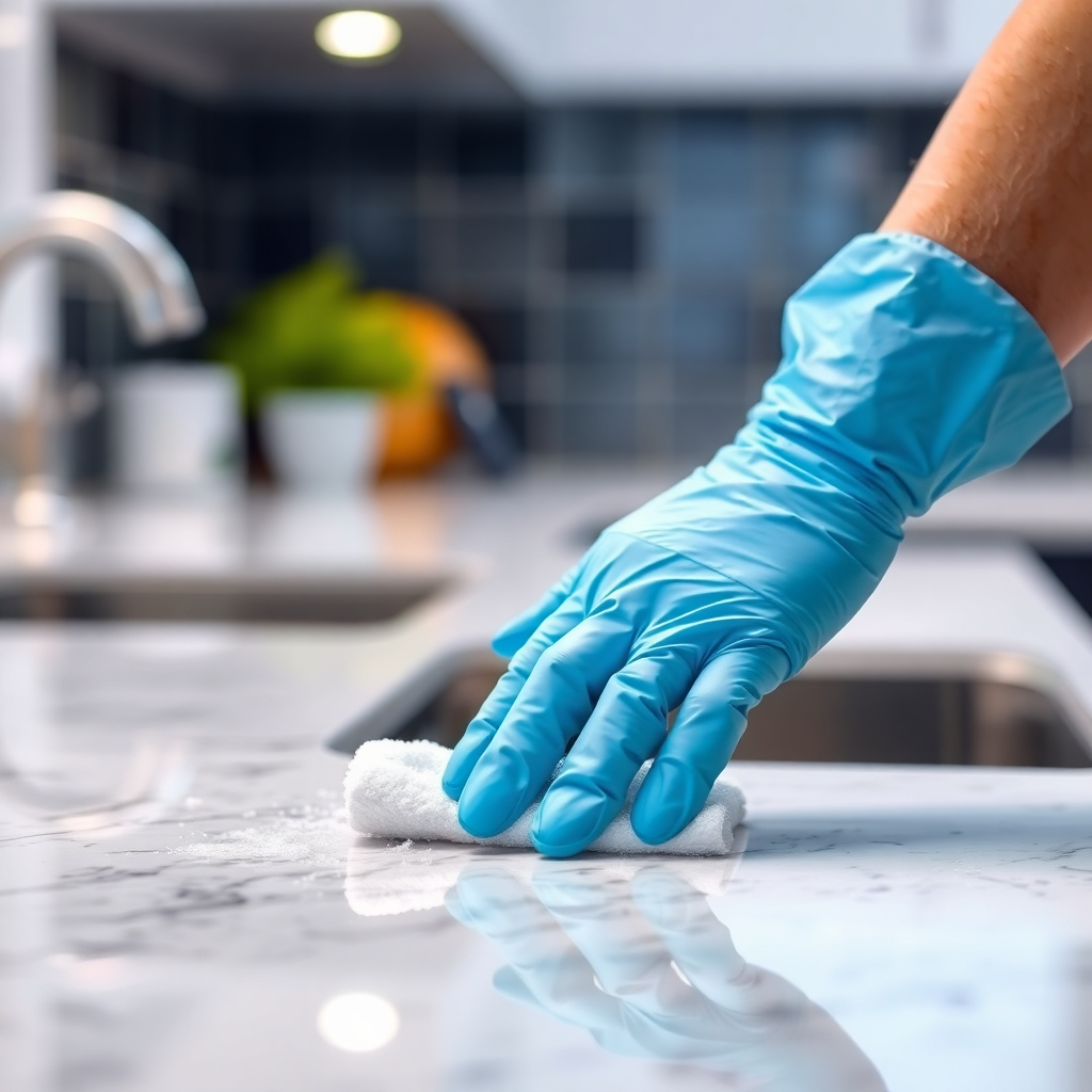 A close-up, photorealistic image of a gloved hand meticulously cleaning a kitchen countertop. Focus on the attention to detail and the sparkling clean surface. Lighting: Bright and focused, emphasizing the cleanliness. Camera angle: Close-up, emphasizing the precision and care of the cleaning process. Style: Clean and professional, highlighting the reliability of the service.