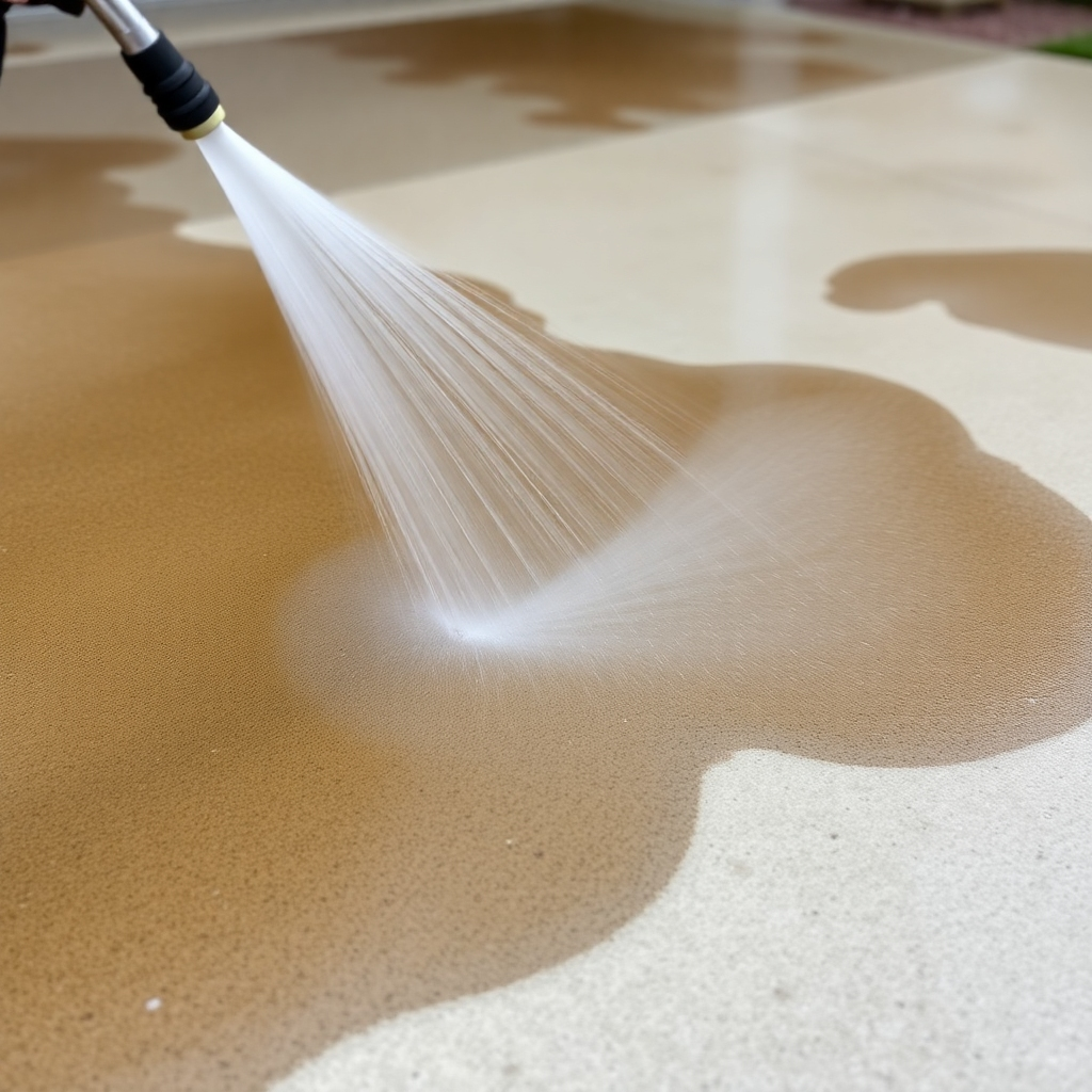 A close-up shot of a dirty, oil-stained driveway being powerfully cleaned by a pressure washer. The water stream is visibly lifting the stains, revealing the clean concrete underneath. The composition focuses on the contrast between the dirty and clean sections.