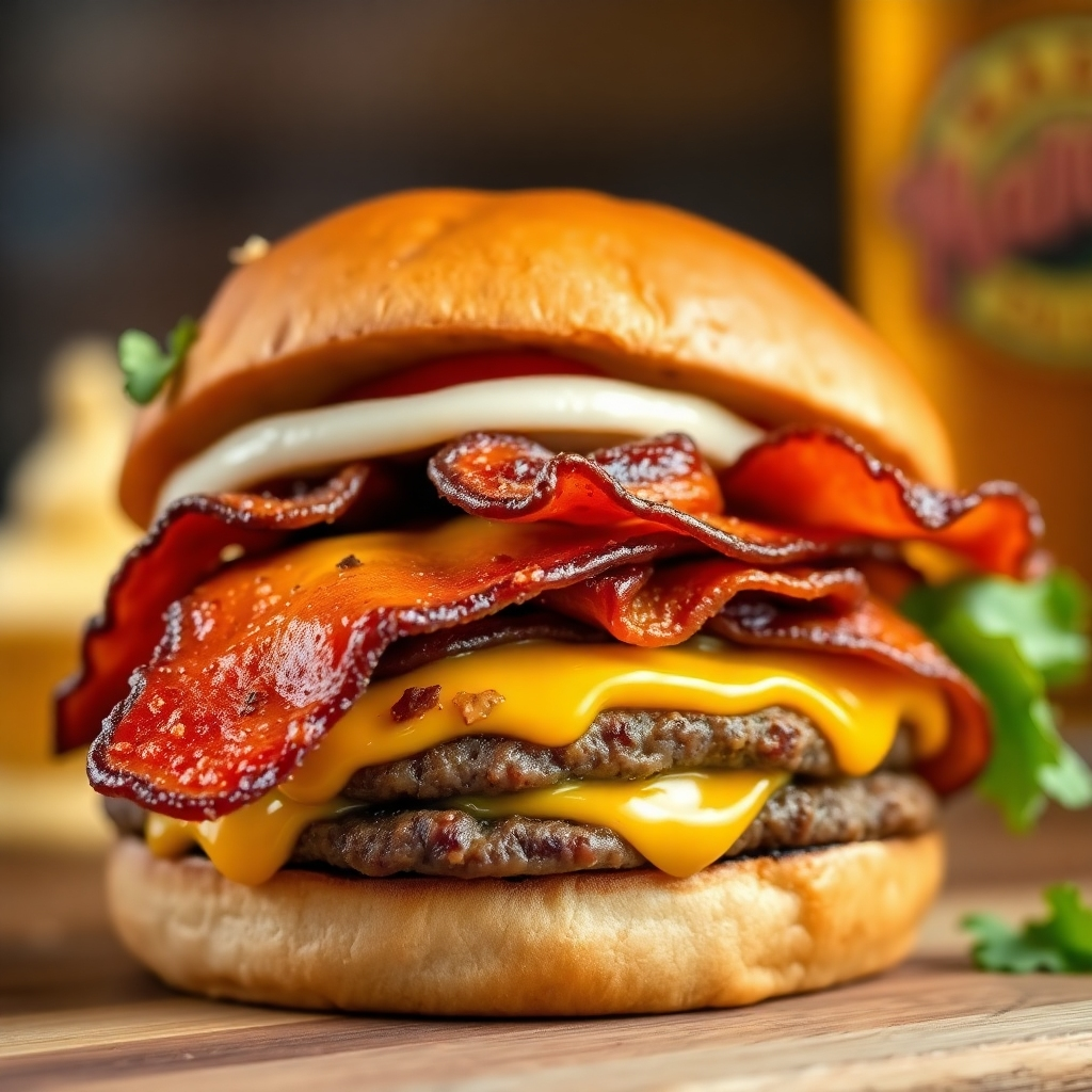 A close-up shot of Mama's Saloon's signature burger. The burger is piled high with juicy toppings, including crispy bacon, melted cheese, and fresh vegetables. The focus is on the textures and colors of the ingredients, making the burger look incredibly appetizing. Use shallow depth of field to blur the background. Photorealistic, 4k resolution.