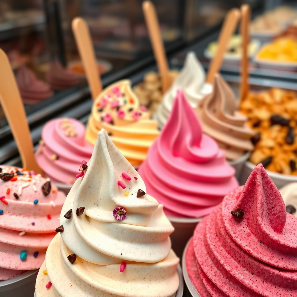 A close-up shot of various ice cream flavors on display in a glass freezer. The ice cream is vibrant and colorful with toppings like sprinkles, chocolate chips, and nuts. 4k resolution