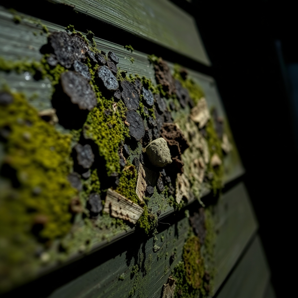  A close-up shot showcasing the destructive effects of mold and mildew on a home's siding. The image should highlight the discoloration, staining, and potential structural damage caused by these organisms. The color palette should be dark and ominous, with a focus on greens, browns, and blacks. Use macro photography techniques to emphasize the texture and detail of the mold and mildew growth. The lighting should be dramatic, casting shadows and creating a sense of urgency. The overall feel should be cautionary, illustrating the importance of pressure washing for home maintenance.