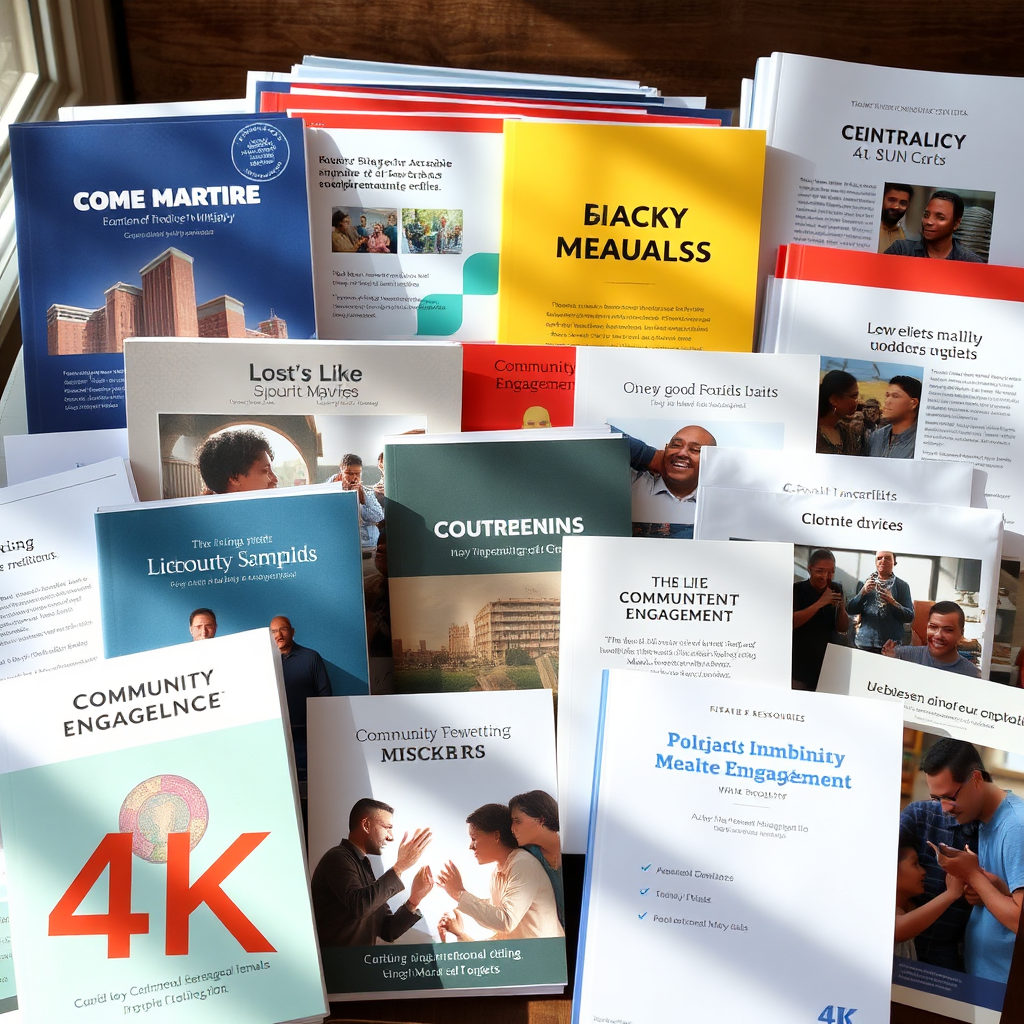 A collection of ministry resources, including training manuals, outreach materials, and community engagement guides. The resources are displayed in an organized and accessible manner. Natural lighting. 4K resolution.