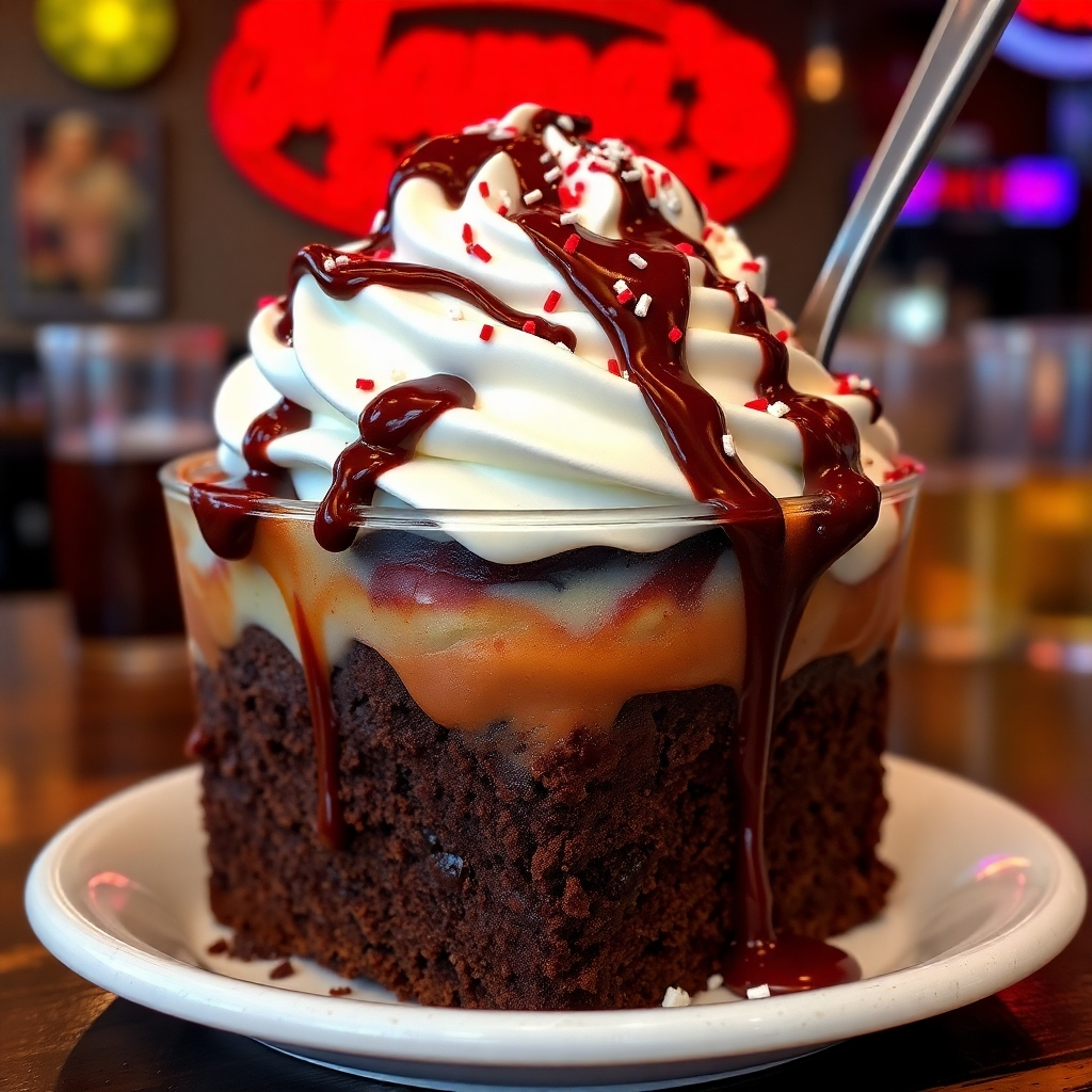 A decadent chocolate brownie sundae at Mama's Saloon. The sundae is topped with whipped cream, chocolate sauce, and sprinkles. Capture the richness and indulgence of the dessert. Photorealistic, 4k resolution.