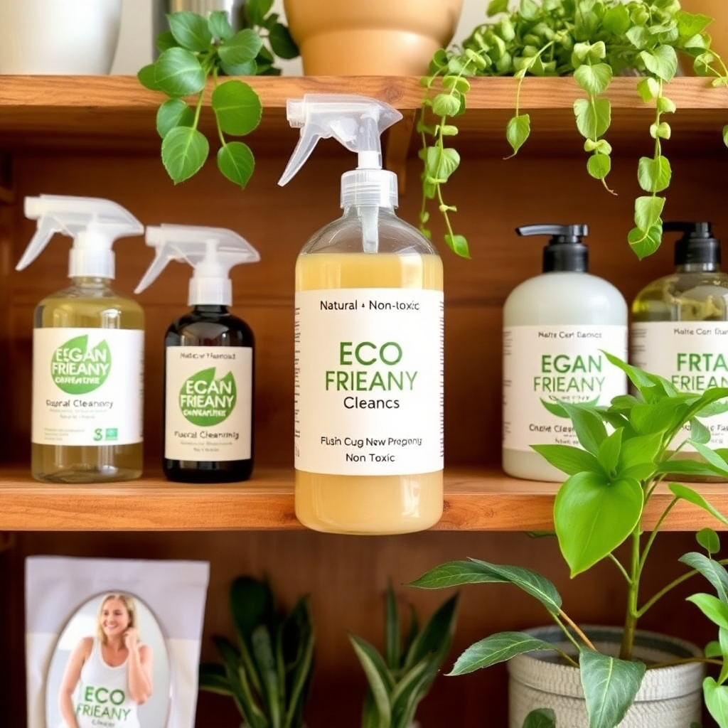A display of eco-friendly cleaning products on a wooden shelf, surrounded by plants. The products are labeled as natural and non-toxic. Style: Natural and organic, emphasizing the eco-friendly aspect of the cleaning products. Color palette: Earthy tones and greens, creating a sense of sustainability.