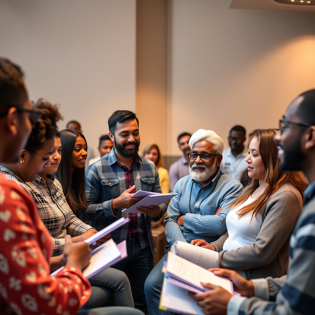 A diverse group of church leaders participating in an engaging training session, actively listening and taking notes. The atmosphere is collaborative and inspiring, with a focus on practical application. Warm lighting. 4K resolution.
