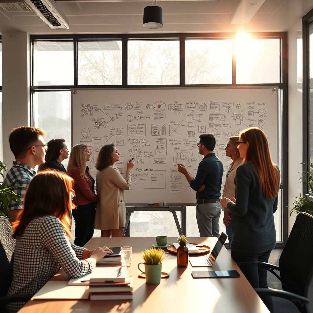 A diverse group of people in a modern office, brainstorming around a whiteboard filled with ideas and diagrams. Sunlight streams through the window, creating a sense of optimism and innovation. Focus on collaboration and strategic thinking. 4K resolution, photorealistic.