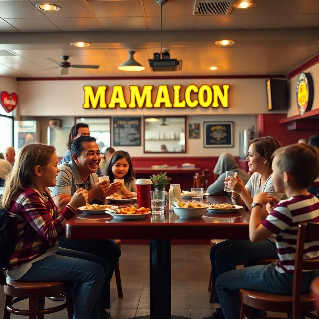 A family enjoying a meal together at Mama's Saloon. Parents are laughing and talking while their children enjoy their meals. The restaurant is clean and welcoming, with plenty of space for families. Capture the joy of family dining. Photorealistic, 4k resolution.