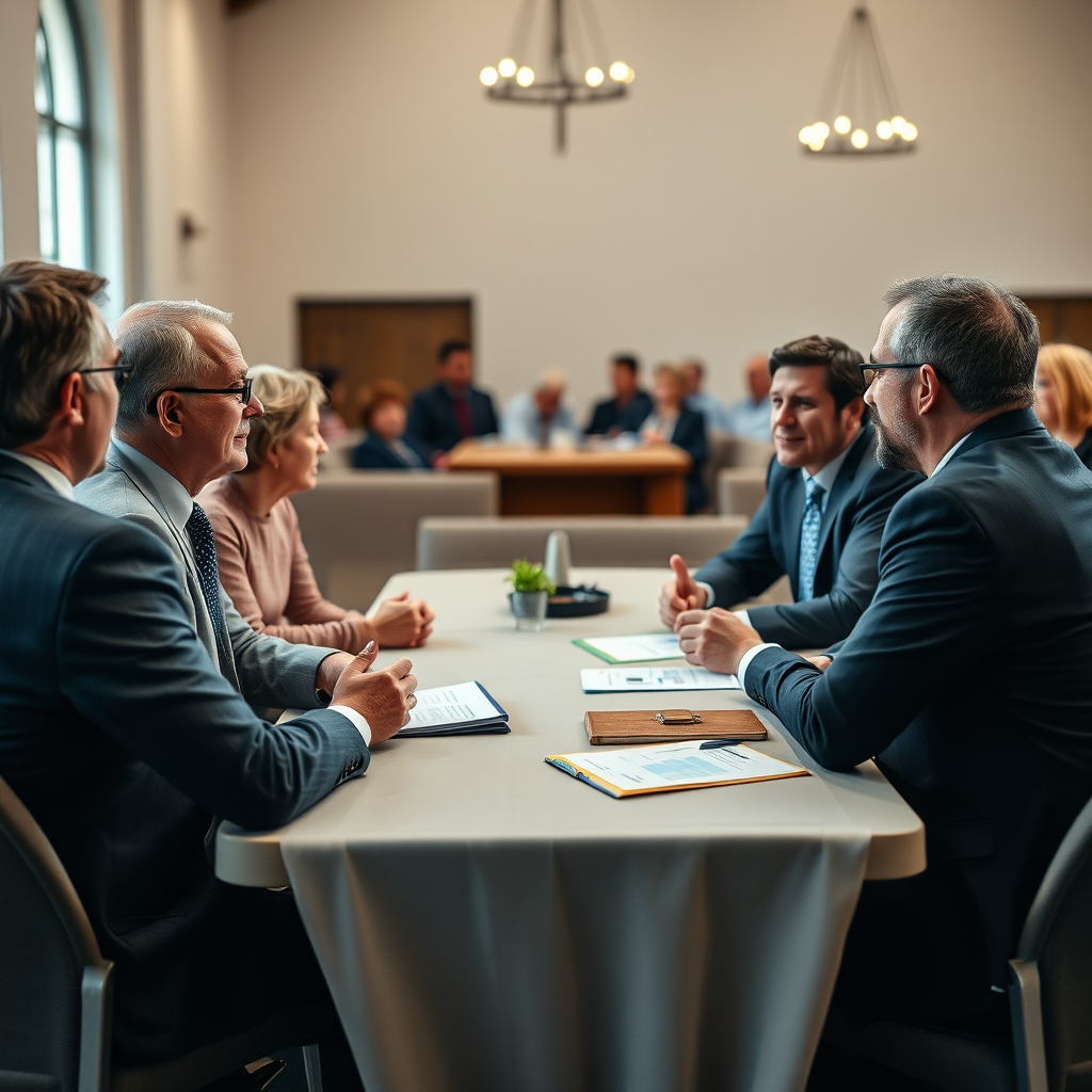 A financial advisor meeting with church leaders to discuss responsible resource allocation. The atmosphere is professional and collaborative, with a focus on stewardship and impact. 4K resolution, photorealistic.