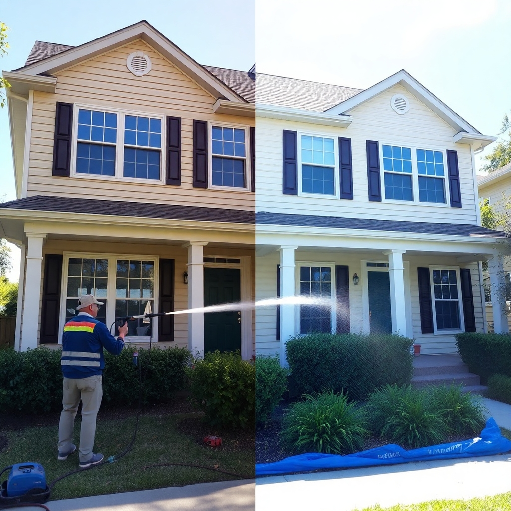 A full shot of a two-story house being pressure washed. One side is visibly cleaner than the other, showcasing the dramatic before-and-after effect. The person using the pressure washer is wearing safety gear, and the surrounding landscaping is protected with tarps. The sky is bright and sunny, emphasizing the cleanliness of the house.