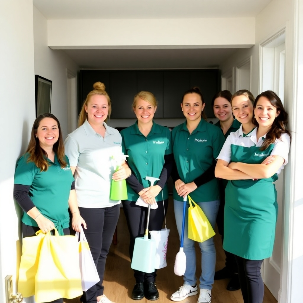 A group of Immaculate Interiors cleaning professionals in uniform, smiling and standing together in a modern home. They are holding cleaning supplies and look confident and professional. Lighting: Natural and inviting, emphasizing their friendly and approachable demeanor. Style: Professional and trustworthy, conveying a sense of expertise and dedication.